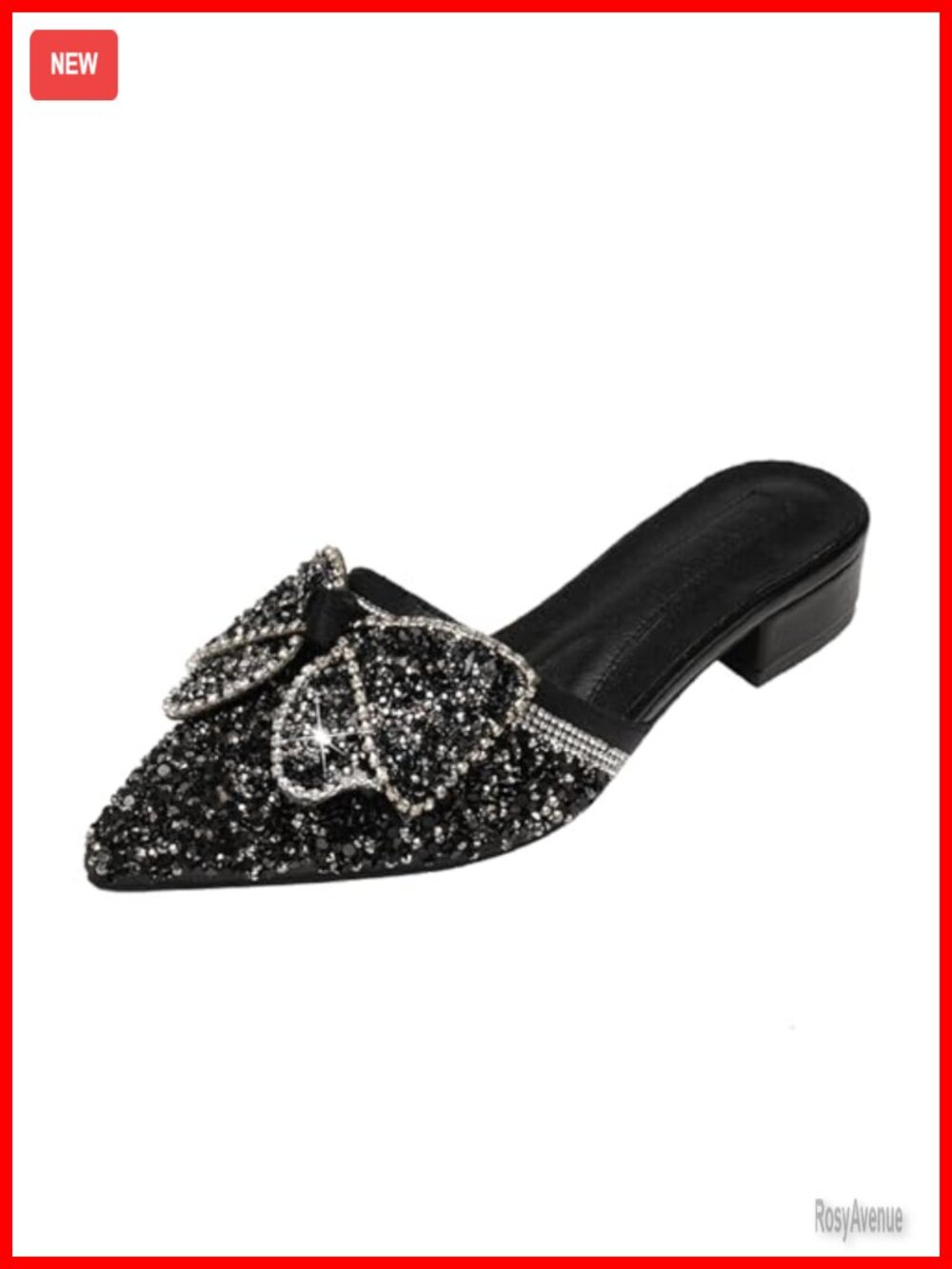 Satin Rhinestone Bow Mule Pointed Toe Slip On Block Heel Sandal